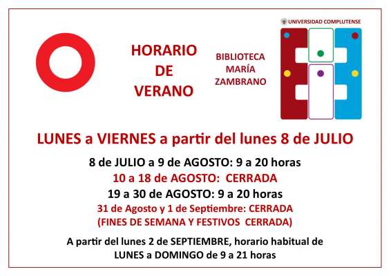Horario de verano de la Biblioteca María Zambrano
